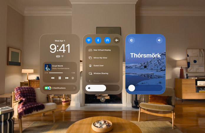 عرض Apple&nbsp;Vision&nbsp;Pro مع ثلاث نوافذ مفتوحة، من اليسار إلى اليمين: التاريخ والوقت مع وحدة التحكم في تشغيل الوسائط، وعناصر التحكم في الاتصال، وإعدادات الشاشة