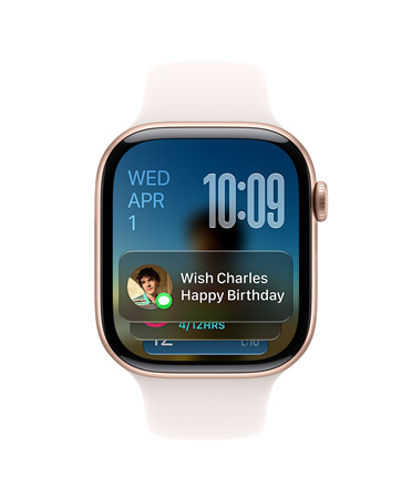 Apple Watch Series 11, Rose Gold with light blush band, face shows date at top left, time on top right, and Messages widget at bottom