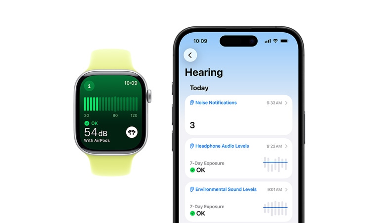 Apple Watch Series 10 z paskiem sportowym w kolorze białym. Na ekranie ikona powiadomienia o głośnym otoczeniu, poziom dźwięku to 90 decybeli.