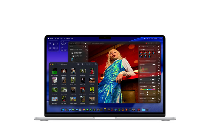 Ekran aplikacji Pixelmator prezentujący pamięć masową i pamięć RAM MacBooka Air