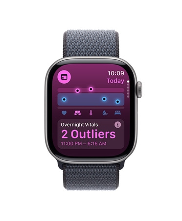 Apple Watch Series 11, culoare Gri stelar, carcasă din aluminiu, aplicația Semne vitale, grafic cu scorul de sănătate, notificare cu valori ieșite din comun pentru semnele vitale din timpul nopții, partea laterală dreaptă exterioară, Digital Crown, brățară Sport, culoare Gri închis