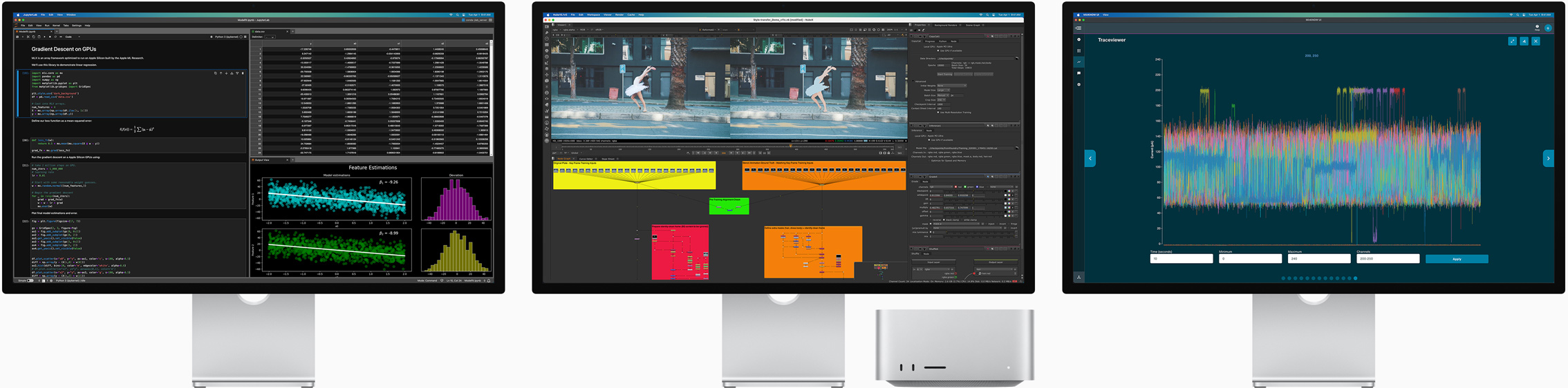 Mac Studio și trei monitoare Studio Display, toate cu diferite aplicații macOS pe ecran