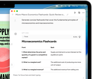 MacBook Air screen showing Apple Intelligence Writing Tools creating flash cards about micro and macro economics