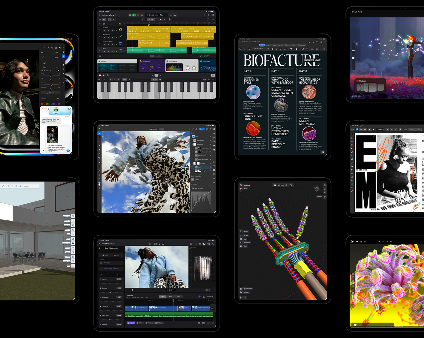 Viacero displejov iPadov Pro, na ktorých sú rôzne apky pre iPadOS s otvorenými kreatívnymi projektmi vrátane apiek Logic Pro, Adobe Lightroom, Adobe Photoshop, Final Cut Pro, Trimble SketchUp, Microsoft Word, Procreate Dreams, Affinity Designer 2, Shapr3D a Octane X