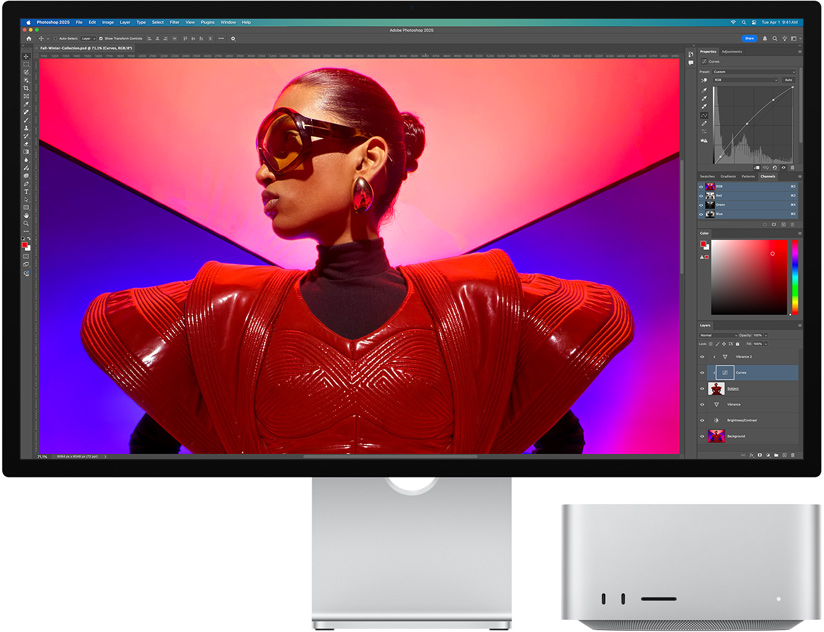 Studio Display a Mac Studio pri používaní softvéru Adobe Photoshop.
