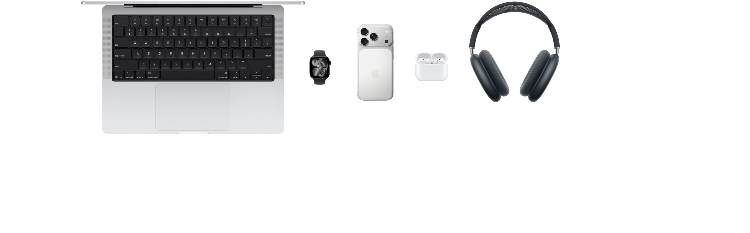 ผลิตภัณฑ์ Apple ที่หลากหลาย ได้แก่ MacBook, Apple Watch Series 11, iPhone 17 Pro, AirPods Pro รุ่นที่ 3, AirPods Max, Apple Vision Pro, Apple Pencil Pro และ iPad Pro