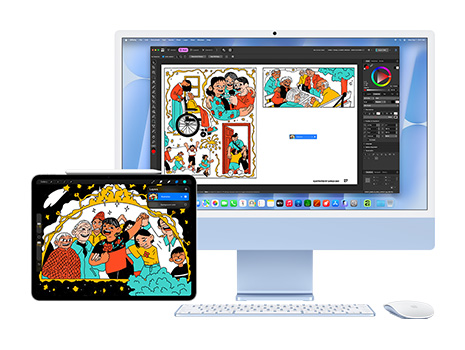 ภาพประกอบที่โดดเด่นและดูสนุกสนานแสดงอยู่บนหน้าจอ iPad และ iMac บน iMac ภาพประกอบนั้นอยู่ภายในแอปพลิเคชันสำหรับการสร้างสรรค์