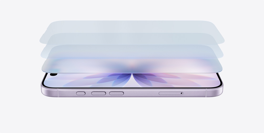 Yatay duran lavanta renk iPhone 17, katmanlı tasarımla Ceramic Shield 2 gösteriliyor