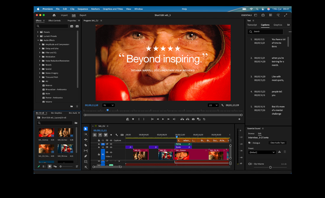 MacBook ekranında, Adobe Premiere Pro’da Eternal Play adlı filmin nasıl düzenlendiği gösteriliyor