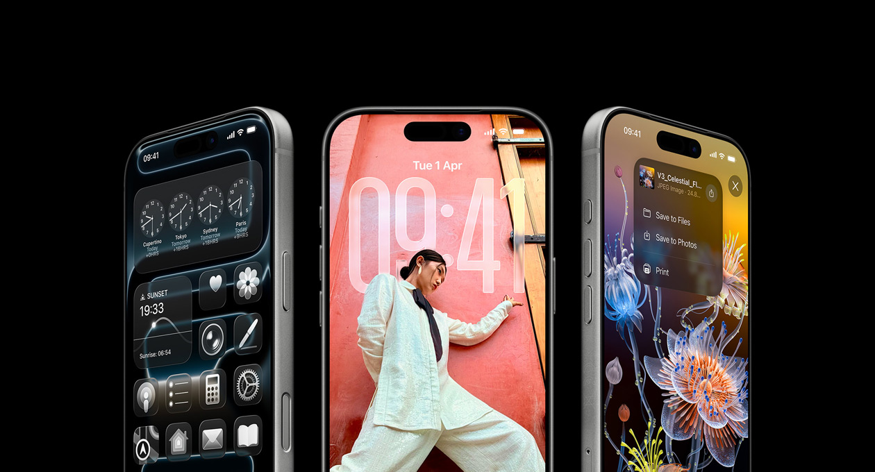3 iPhone 17 Pro models, front exterior, side by side, demonstrating the World Clock app, the iOS 26 lock screen, and how to Save from Notes from the Notes app.