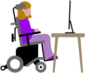 Una persona en una silla de ruedas motorizada ve una computadora Mac ubicada en un escritorio
