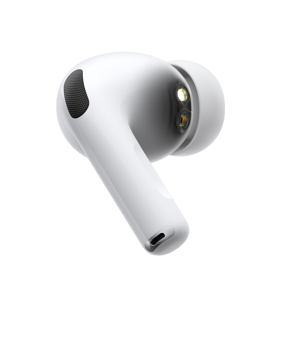 AirPods Pro 3, bežične slušalice, bijele boje, vanjska bočna strana, kratka cjevasta drška, mikrofon za poništavanje buke, silikonska kapica, pulsirajući val