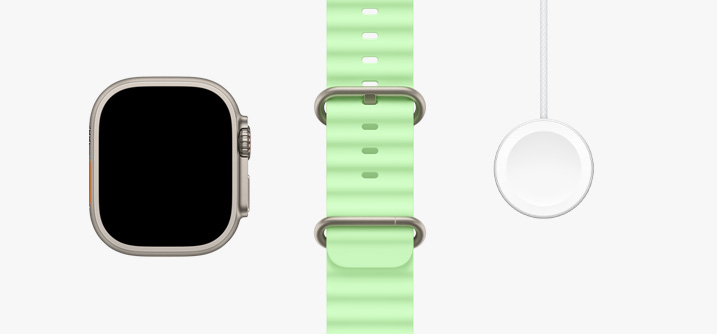 Apple Watch Ultra 3, caja de titanio natural, pantalla con diseño de borde a borde, correa Ocean verde neón, cable de carga magnética rápida con entrada USB-C para el Apple Watch