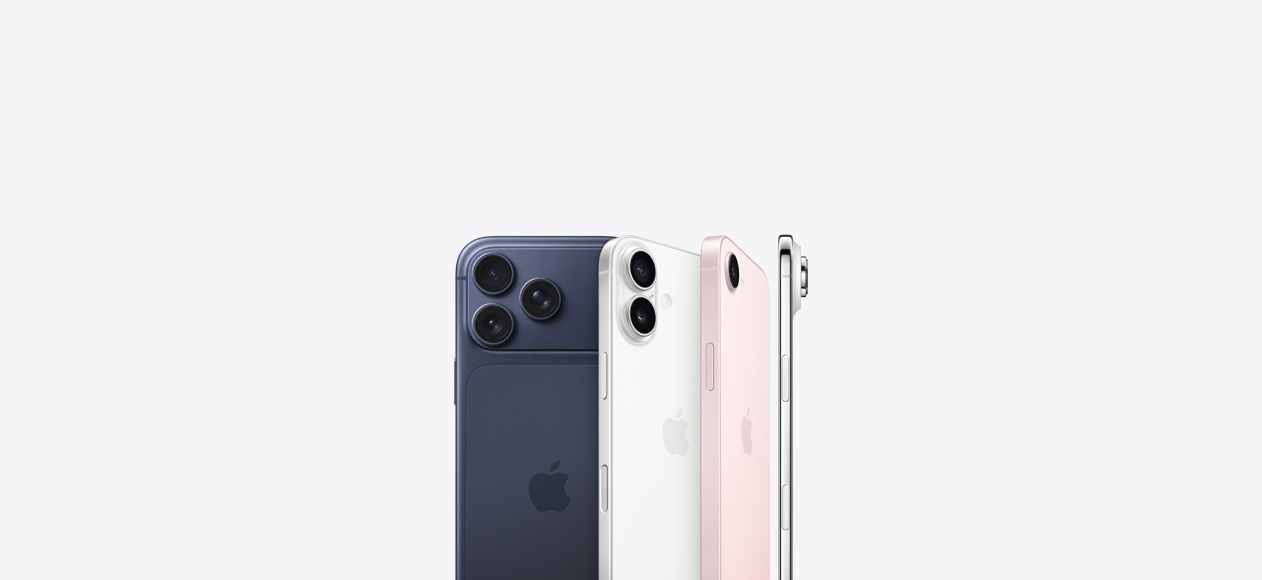 Parte de trás do iPhone 17 Pro azul-intenso, com o sistema de câmera Fusion Pro no canto superior esquerdo e o logotipo da Apple no centro. Parte de trás do iPhone 17 branco, com o sistema de câmera dupla Fusion no canto superior esquerdo e o logotipo da Apple no centro. Parte de trás do iPhone 17e rosa-pálido, com o sistema de câmera Fusion no canto superior esquerdo e o logotipo da Apple no centro. Lateral do iPhone Air com estrutura de titânio, com o sistema de câmera Fusion no canto superior esquerdo