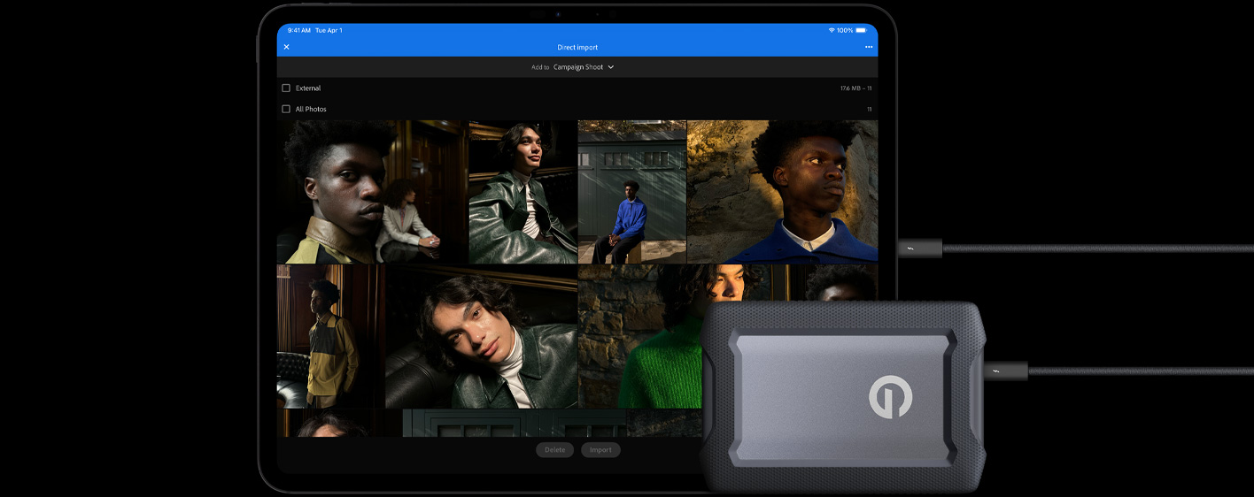 iPad Pro, face avant, orientation paysage, noir sidéral, connecté par câble à un disque dur externe USB‑C, écran affichant des photos de mannequins en cours d’importation dans un dossier nommé « Shooting campagne »