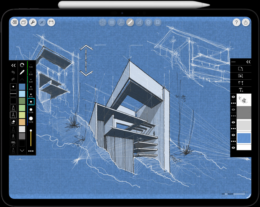 iPad Pro, front exterior, landscape orientation, space black color, Apple Pencil Pro resting atop iPad Pro, side exterior, landscape orientation, white color, display showing architectural drawing with effects and tools open in left and right menus