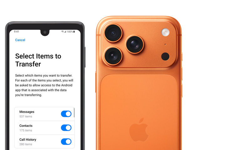 裝置並排擺放，Android 螢幕展示「轉移至 iOS」app；iPhone 17 Pro 機身背面，展示 Pro 融合相機系統，包括 3 個鏡頭、咪高風、閃光燈。