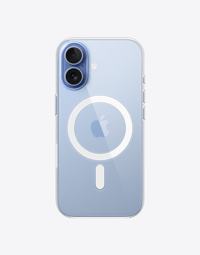 En iPhone 17 vises bakfra, med et klart deksel med MagSafe og et Dual Fusion-kamerasystem øverst i venstre hjørne.