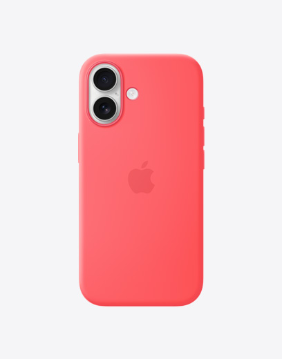 En iPhone 17 vises bakfra, med et gult silikondeksel, et Dual Fusion-kamerasystem øverst i venstre hjørne og en Apple-logo i midten.