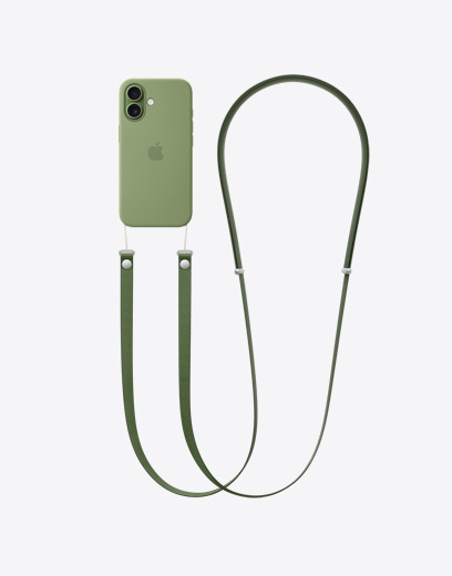 iPhone 17, fra baksiden, grønt deksel, festet til grønn crossbody-stropp