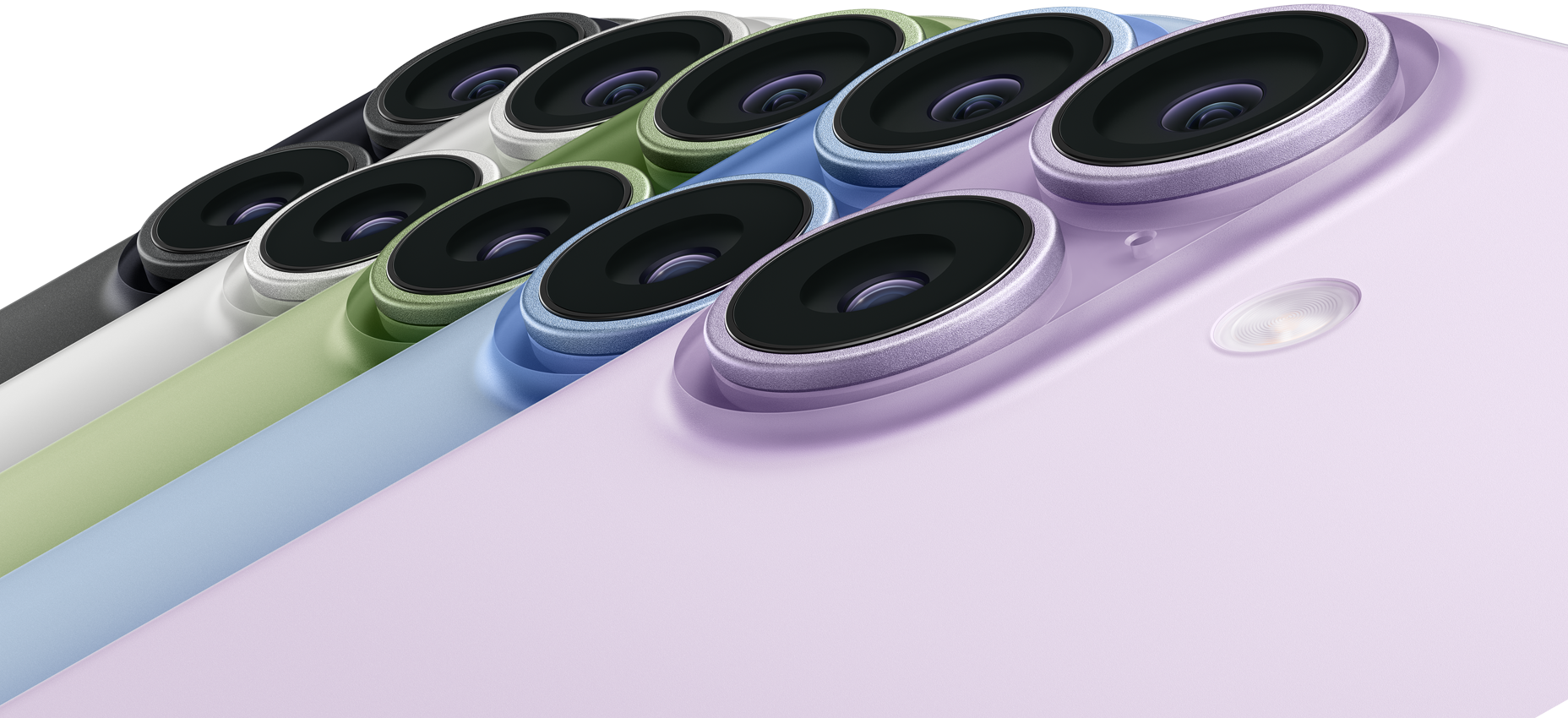 Fem iPhone 17-enheter i fargene svart, hvit, salvie, duggblå og lavendel vises bakfra, med et Dual Fusion-kamerasystem øverst i venstre hjørne.