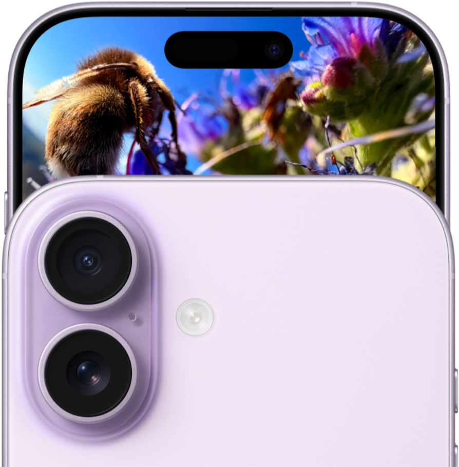 En iPhone 17 i fargen lavendel vises forfra, med et Dual Fusion-kamerasystem, og bakfra.