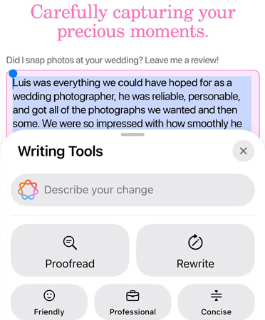 Skriveverktøy-funksjonen i bruk, med valgene Korrekturles, Skriv om, Uformell, Formell og Kortfattet