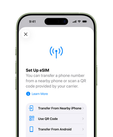 Skjermen på iPhone 17 viser funksjonen Konfigurer mobildata, som gjør det enkelt å overføre et telefonnummer med eSIM.