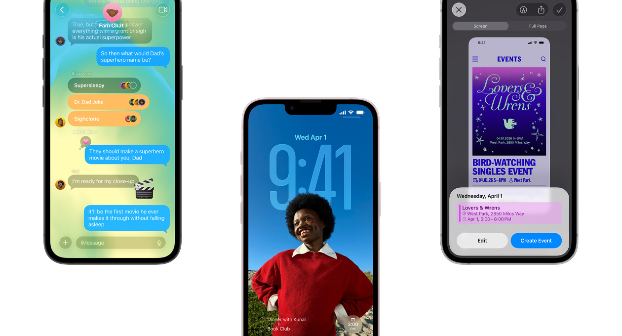 Trzy urządzenia iPhone 17e, widać na nich aplikację Wiadomości z efektem Liquid Glass, dynamiczny ekran blokady i funkcję zrzutu ekranu z użyciem wydarzenia w Kalendarzu