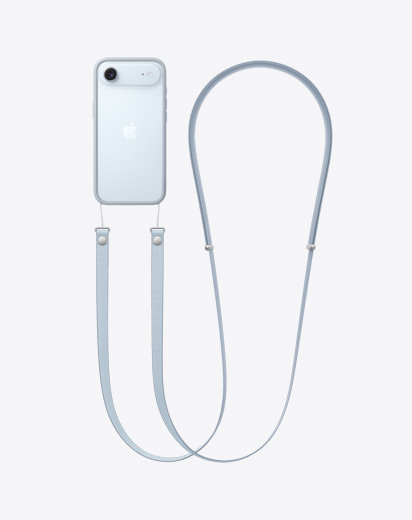 iPhone Air, заден екстериор, светлосив бъмпър с прикрепена презрамка