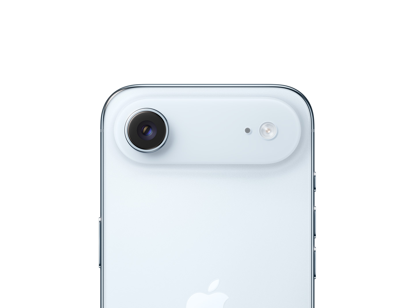 iPhone Air, заден екстериор, небесносин цвят, основната Fusion система камери в плато