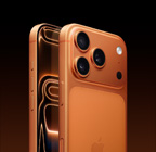 iPhone 17 Pro, цвят космическо оранжево, заден екстериор под ъгъл, Pro Fusion система камери в плато, бутон Управление на камерата, цял екран отпред, бутони Действие и сила на звука