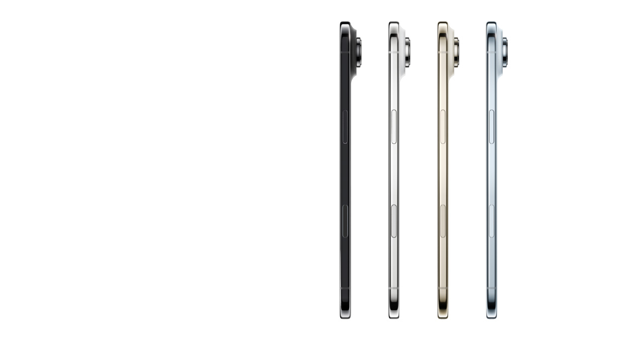 iPhone Air, côté, finitions: bleu ciel, or clair, blanc nuage et noir sidéral, profil très fin, système caméra Fusion, boutons: latéral, Commande de l’appareil photo