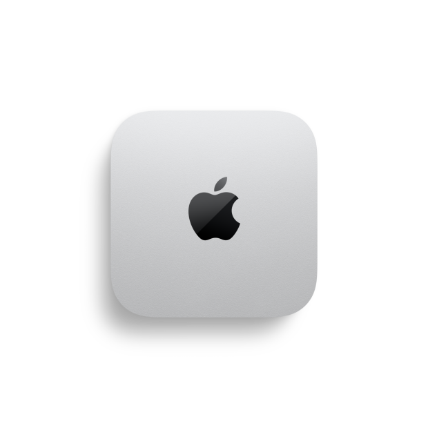 Apple'i logoga hõbedase Mac mini pealtvaade, mille kõrval on mõõtmismärgitused, mis näitavad 12,7 cm pikkust ja 12,7 cm laiust.