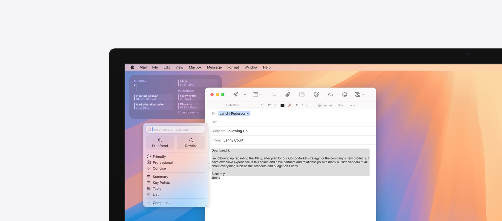 Ekraan, millel on kuvatud Apple Intelligence'i funktsioon Writing Tools meilirakenduses