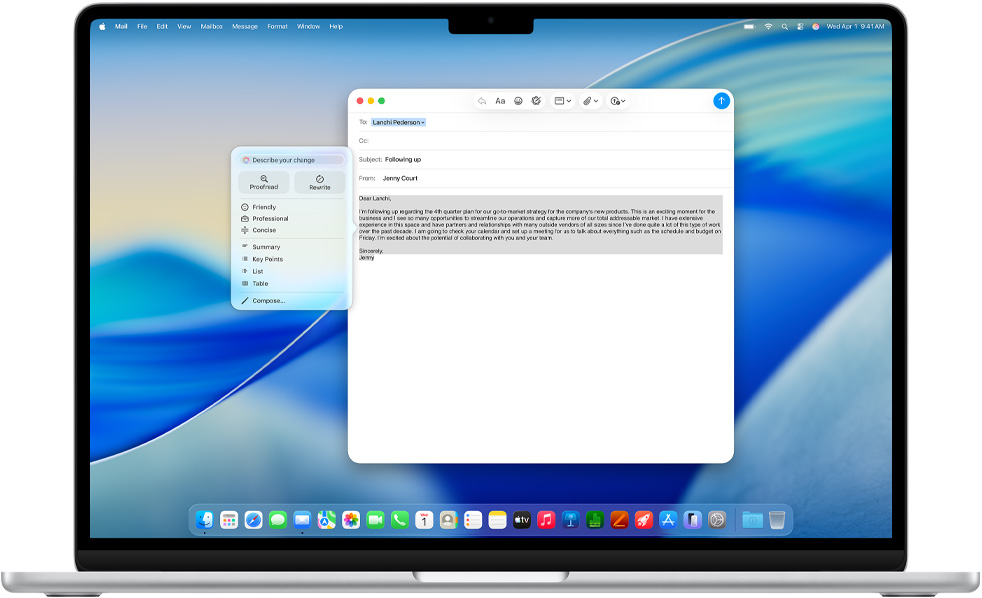 MacBook Air screen showing Apple Intelligence Writing Tools composing an email