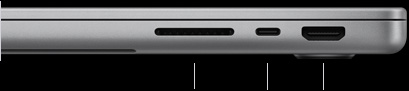 MacBook Pro 14-inch with M5, closed, right side, showing SDXC card slot, one Thunderbolt 4 port, and HDMI port