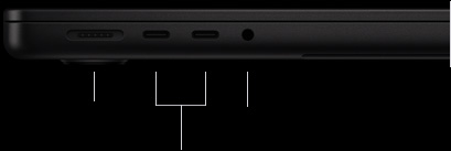 MacBook Pro 14-inch with M5 Pro or M5 Max, closed, left side, showing MagSafe 3 port, two Thunderbolt 5 ports, and headphone jack